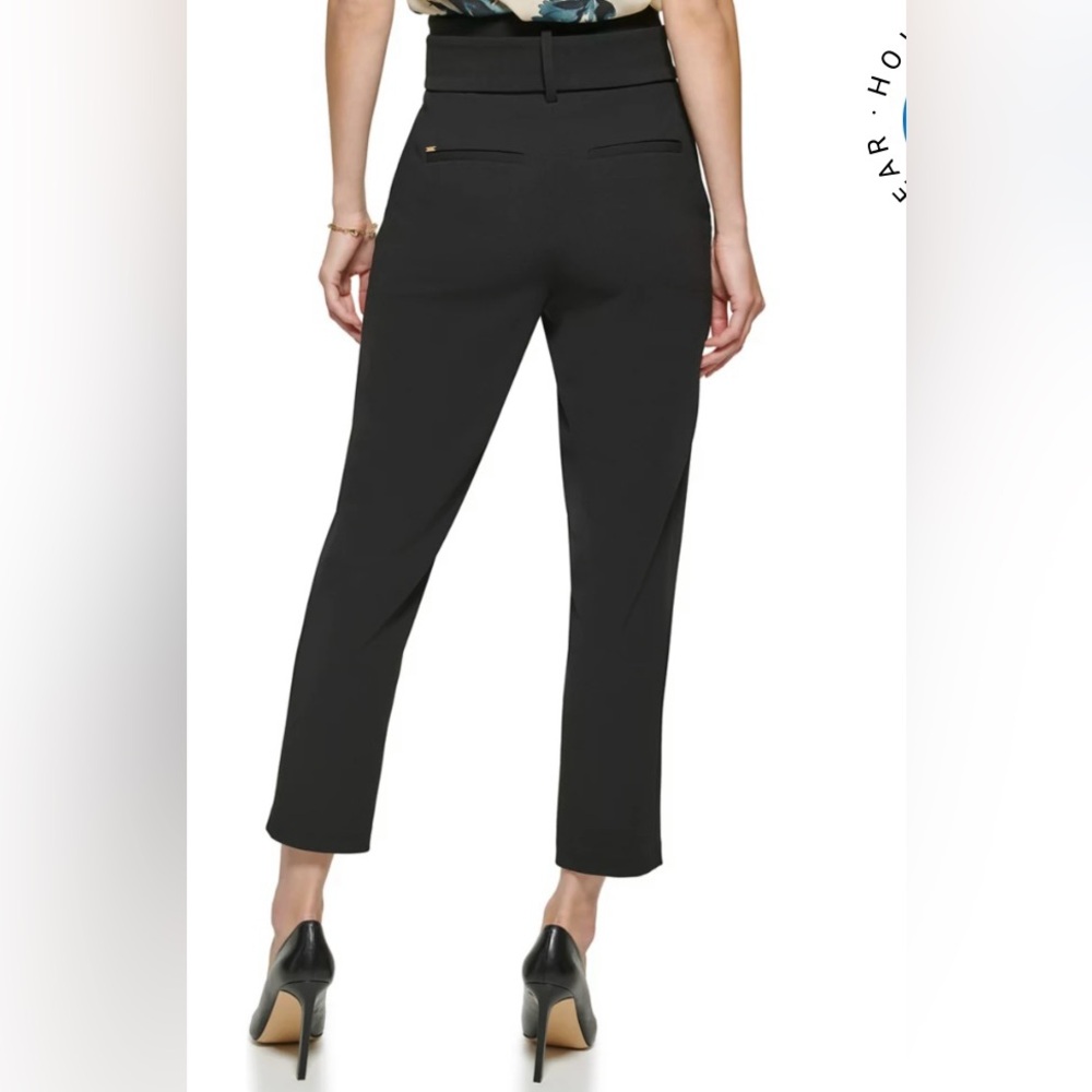 DKNY Black High Waisted Tie Waist Pants Size 12 Paperbag Ankle Work Chic NWOT - Picture 2 of 10